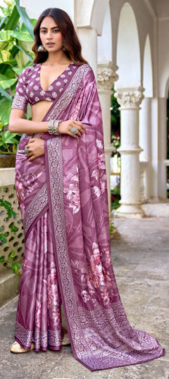 Purple and Violet color Saree in Silk fabric with Floral, Weaving work