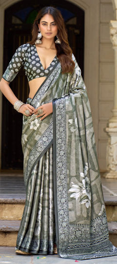 Black and Grey color Saree in Silk fabric with Floral, Weaving work