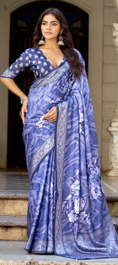 Blue color Saree in Silk fabric with Floral, Weaving work