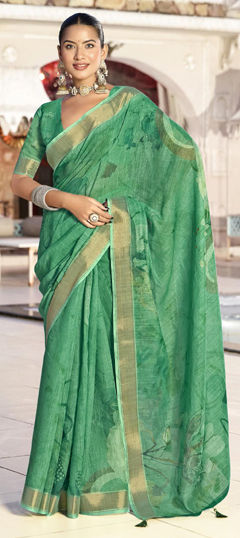 Green color Saree in Silk fabric with Printed work
