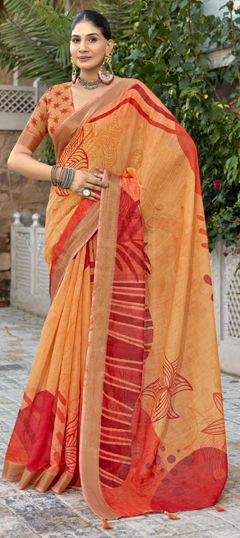 Beige and Brown color Saree in Silk fabric with Printed work