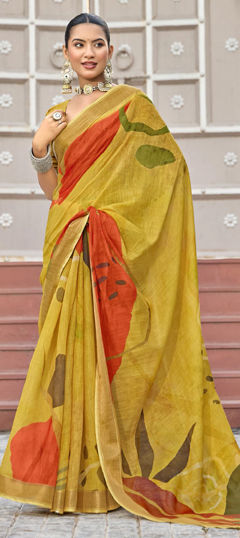 Yellow color Saree in Silk fabric with Printed work
