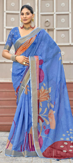 Blue color Saree in Silk fabric with Printed work