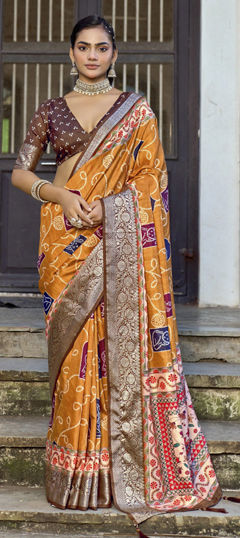Beige and Brown color Saree in Silk fabric with Bandhej, Printed, Weaving work