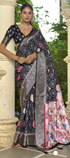Black and Grey color Saree in Silk fabric with Bandhej, Printed, Weaving work