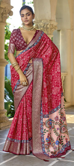 Red and Maroon color Saree in Silk fabric with Bandhej, Printed, Weaving work