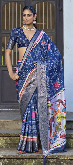 Blue color Saree in Silk fabric with Bandhej, Printed, Weaving work