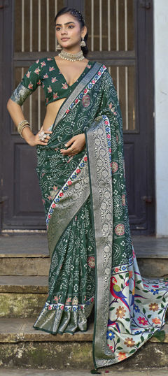 Green color Saree in Silk fabric with Bandhej, Printed, Weaving work