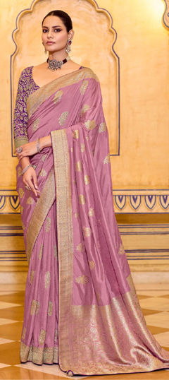 Pink and Majenta color Saree in Silk fabric with Weaving work