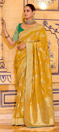 Yellow color Saree in Silk fabric with Weaving work