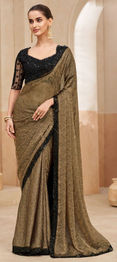 Beige and Brown color Saree in Jacquard fabric with Embroidered, Lace, Sequence work