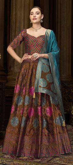 Beige and Brown color Lehenga in Jacquard fabric with Weaving, Zari work