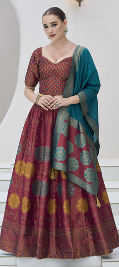 Red and Maroon color Lehenga in Jacquard fabric with Weaving, Zari work