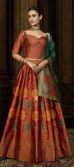 Orange color Lehenga in Jacquard fabric with Weaving, Zari work