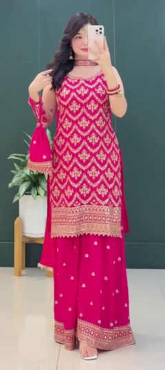 Pink and Majenta color Salwar Kameez in Faux Georgette fabric with Embroidered, Sequence work