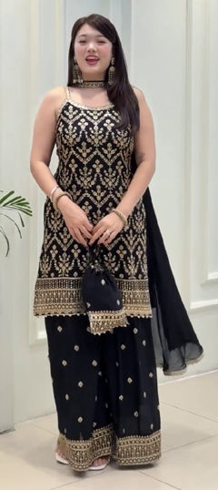 Black and Grey color Salwar Kameez in Faux Georgette fabric with Embroidered, Sequence work