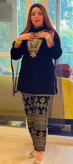 Black and Grey color Salwar Kameez in Velvet, Viscose fabric with Embroidered, Sequence work