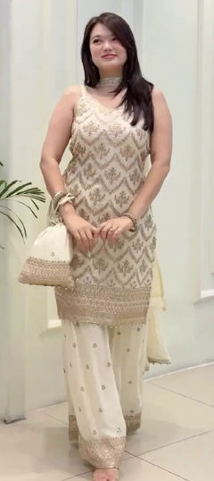 White and Off White color Salwar Kameez in Faux Georgette fabric with Embroidered, Sequence work