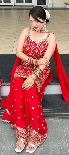 Red and Maroon color Salwar Kameez in Faux Georgette fabric with Embroidered, Sequence work