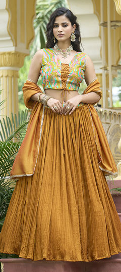 Yellow color Lehenga in Art Silk fabric with Thread work
