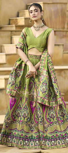 Green color Lehenga in Jacquard fabric with Weaving, Zari work