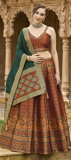 Orange color Lehenga in Jacquard fabric with Weaving, Zari work