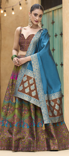 Beige and Brown color Lehenga in Jacquard fabric with Weaving, Zari work
