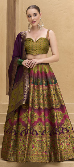 Green color Lehenga in Jacquard fabric with Weaving, Zari work