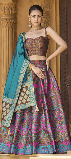 Beige and Brown color Lehenga in Jacquard fabric with Weaving, Zari work