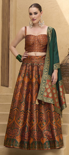 Orange color Lehenga in Jacquard fabric with Weaving, Zari work