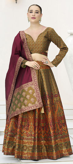 Green color Lehenga in Jacquard fabric with Weaving work