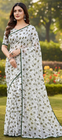 White and Off White color Saree in Georgette fabric with Printed work