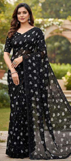 Black and Grey color Saree in Georgette fabric with Printed work