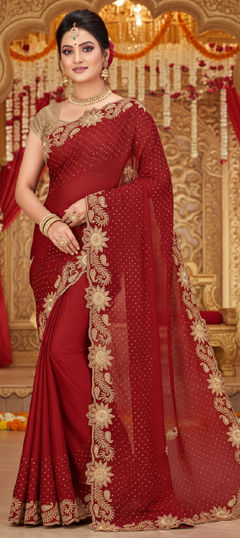 Red and Maroon color Saree in Georgette fabric with Embroidered work