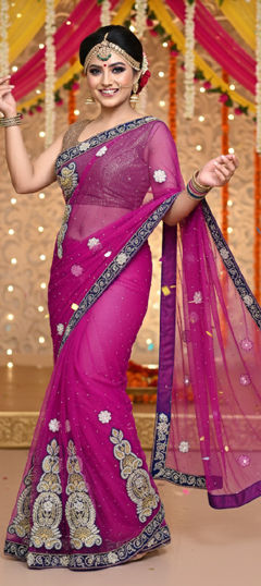 Pink and Majenta color Saree in Net fabric with Embroidered, Sequence work