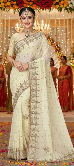 White and Off White color Saree in Georgette fabric with Embroidered, Sequence work