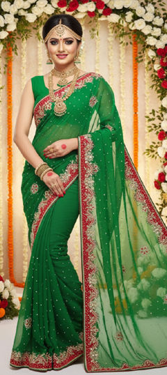 Green color Saree in Georgette fabric with Embroidered, Sequence work