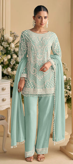 Blue color Salwar Kameez in Faux Georgette fabric with Bugle Beads, Sequence, Thread work