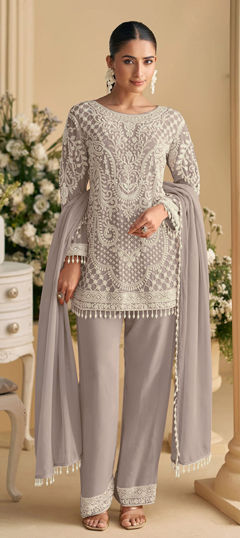 Purple and Violet color Salwar Kameez in Faux Georgette fabric with Bugle Beads, Sequence, Thread work