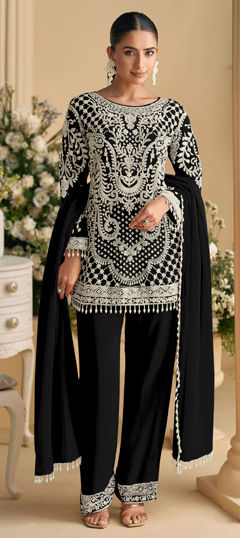 Black and Grey color Salwar Kameez in Faux Georgette fabric with Bugle Beads, Sequence, Thread work