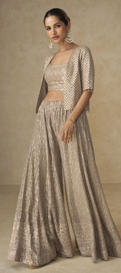 Beige and Brown color Salwar Kameez in Georgette fabric with Embroidered, Sequence work