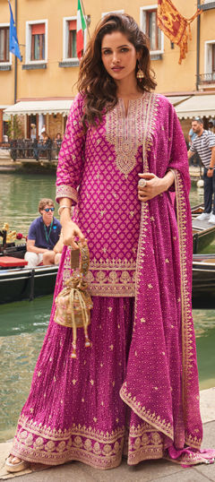 Pink and Majenta color Salwar Kameez in Chinon Silk fabric with Embroidered, Sequence, Zari work