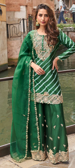 Green color Salwar Kameez in Chinon Silk fabric with Embroidered, Sequence, Stone, Zari work