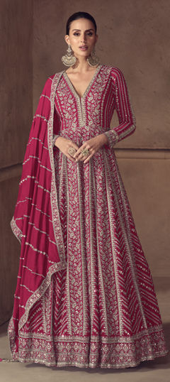 Pink and Majenta color Gown in Chinon Silk fabric with Embroidered, Sequence work