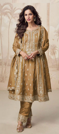 Beige and Brown color Salwar Kameez in Shimmer fabric with Embroidered, Sequence, Zari work