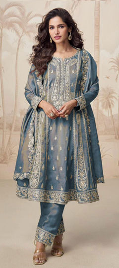 Blue color Salwar Kameez in Shimmer fabric with Embroidered, Sequence, Zari work