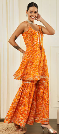 Yellow color Salwar Kameez in Cotton fabric with Bandhej, Gota Patti, Printed work