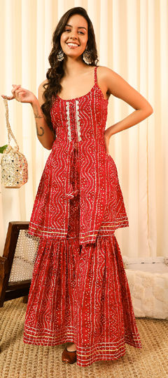 Red and Maroon color Salwar Kameez in Rayon fabric with Bandhej, Gota Patti, Printed work