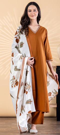Beige and Brown color Salwar Kameez in Cotton fabric with Thread work