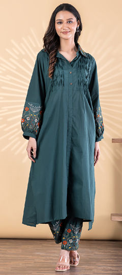 Green color Salwar Kameez in Cotton fabric with Embroidered, Resham, Thread work